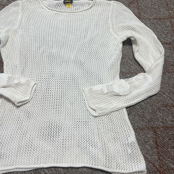 CABELAS Women’s Open Crochet Sweater Embroidered Detail Ivory Floral Size Large - Picture 4 of 10